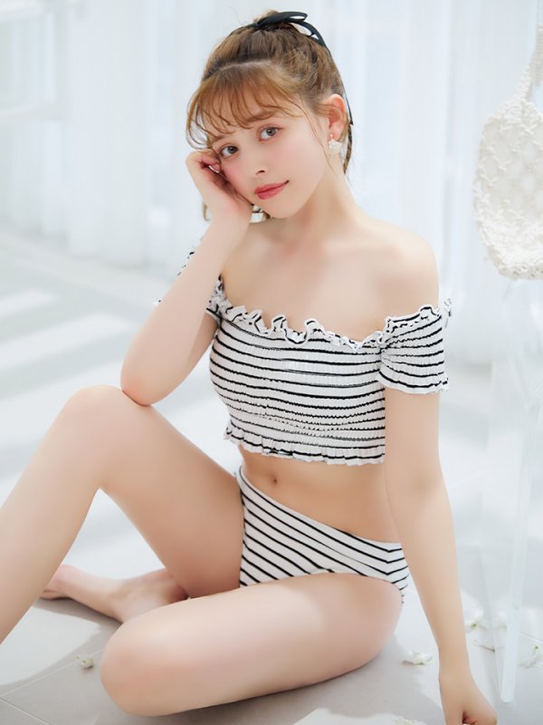 画像12: 【即日発送】【ビキニ】【水着】シャーリングストライプオフショルビキニ  2点セット [YMT]
