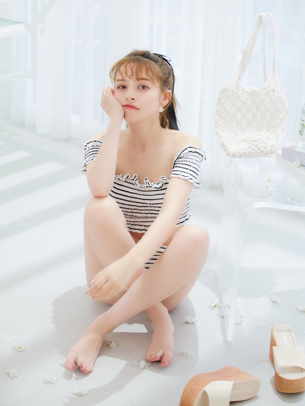 画像14: 【即日発送】【ビキニ】【水着】シャーリングストライプオフショルビキニ  2点セット [YMT]