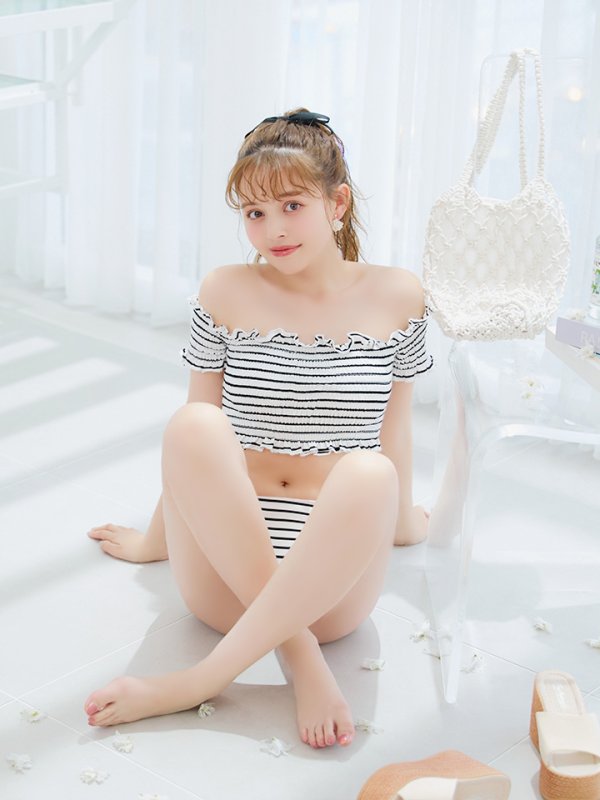 画像17: 【即日発送】【ビキニ】【水着】シャーリングストライプオフショルビキニ  2点セット [YMT]