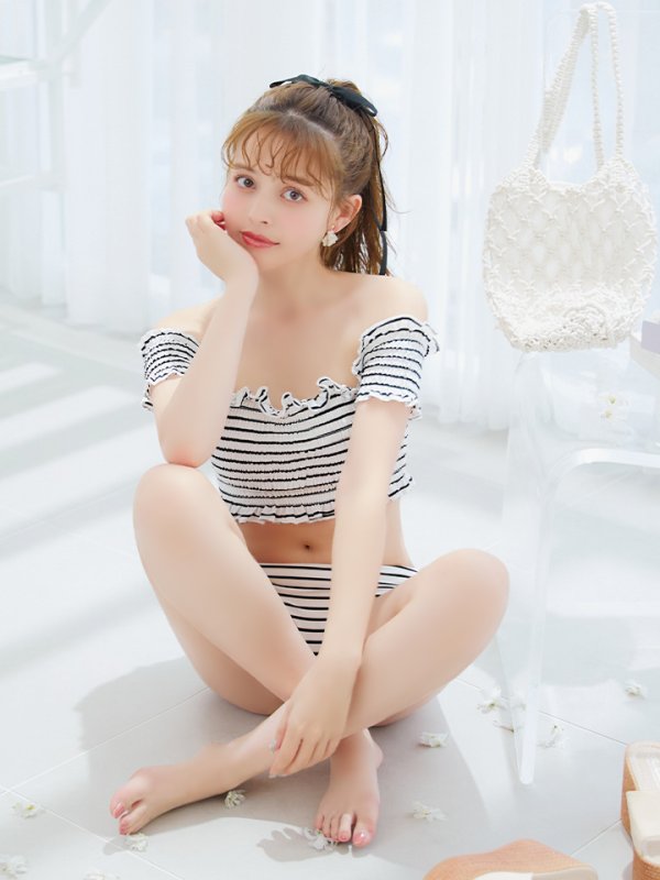 画像18: 【即日発送】【ビキニ】【水着】シャーリングストライプオフショルビキニ  2点セット [YMT]