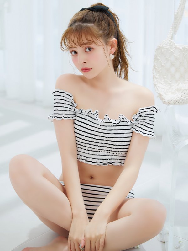 画像19: 【即日発送】【ビキニ】【水着】シャーリングストライプオフショルビキニ  2点セット [YMT]