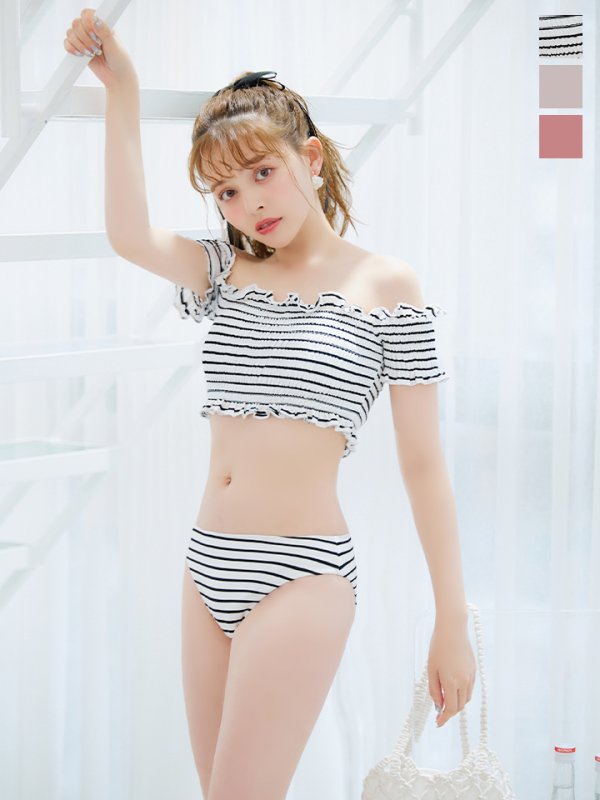 画像3: 【即日発送】【ビキニ】【水着】シャーリングストライプオフショルビキニ  2点セット [YMT]