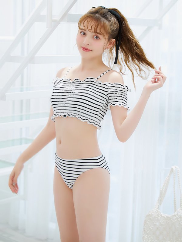 画像5: 【即日発送】【ビキニ】【水着】シャーリングストライプオフショルビキニ  2点セット [YMT]