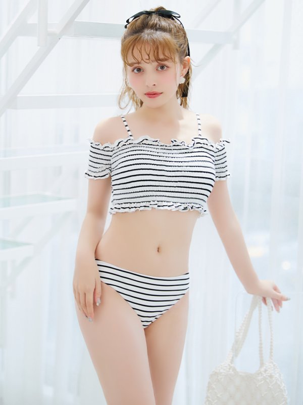 画像7: 【即日発送】【ビキニ】【水着】シャーリングストライプオフショルビキニ  2点セット [YMT]