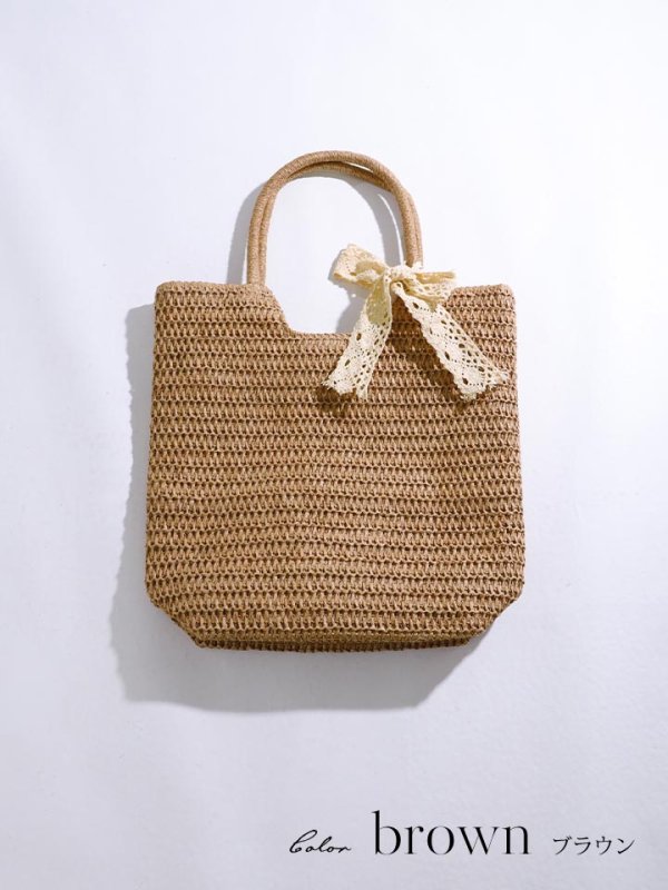画像2: 【即日発送】【ビキニ】【水着小物：ビーチバッグ】レースリボン付きカゴバッグ【2カラー】[FB01]