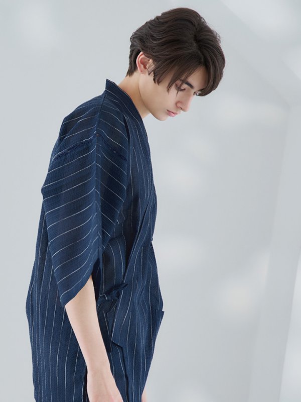 画像10: 【即日発送】【メンズ甚平】ネイビー地に白縞模様甚平  【甚平・下駄セット】[YMT]