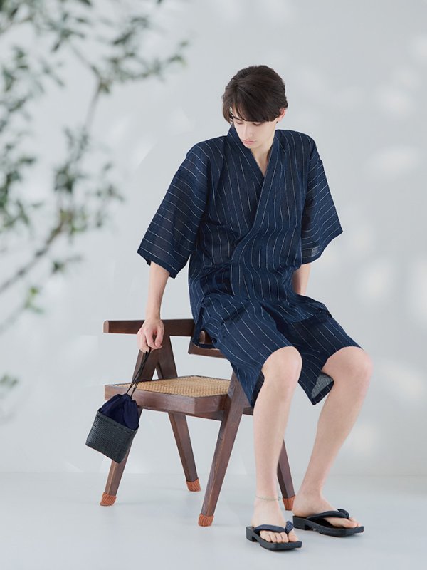 画像11: 【即日発送】【メンズ甚平】ネイビー地に白縞模様甚平  【甚平・下駄セット】[YMT]