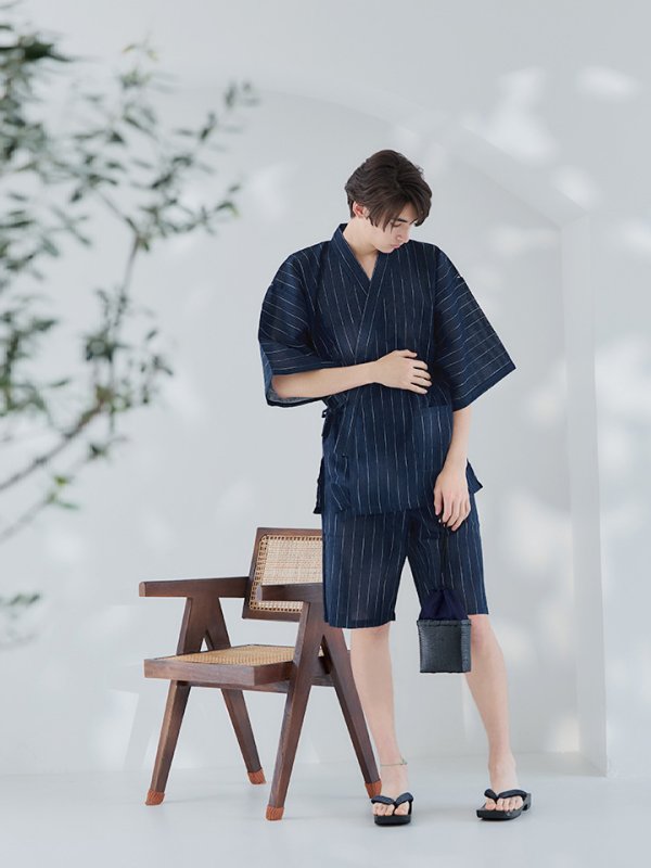 画像14: 【即日発送】【メンズ甚平】ネイビー地に白縞模様甚平  【甚平・下駄セット】[YMT]
