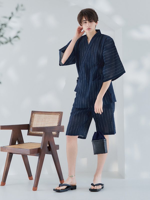 画像4: 【即日発送】【メンズ甚平】ネイビー地に白縞模様甚平  【甚平・下駄セット】[YMT]