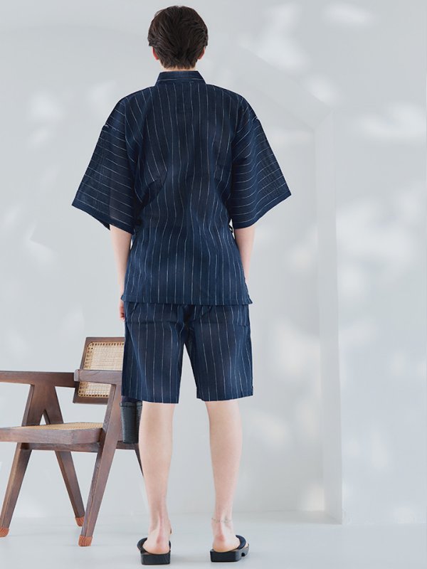 画像5: 【即日発送】【メンズ甚平】ネイビー地に白縞模様甚平  【甚平・下駄セット】[YMT]