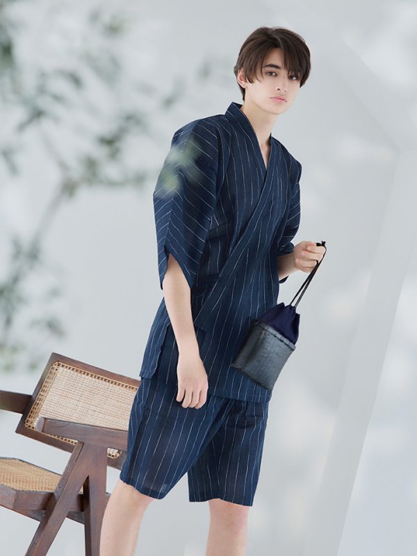 画像6: 【即日発送】【メンズ甚平】ネイビー地に白縞模様甚平  【甚平・下駄セット】[YMT]