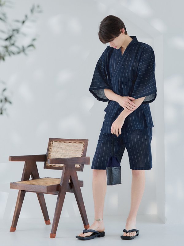 画像8: 【即日発送】【メンズ甚平】ネイビー地に白縞模様甚平  【甚平・下駄セット】[YMT]