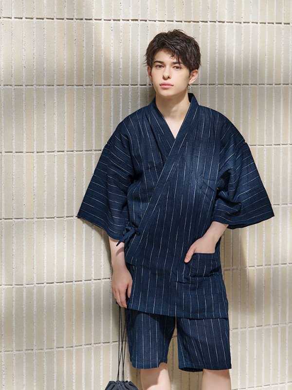 画像14: 【即日発送】【メンズ甚平】ネイビー地に白縞模様甚平  【甚平・下駄セット】[YMT]