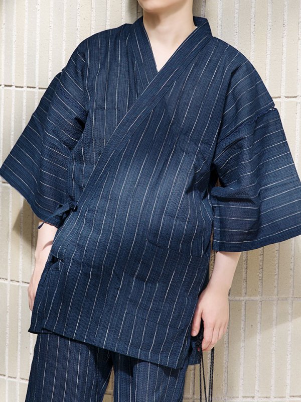 画像17: 【即日発送】【メンズ甚平】ネイビー地に白縞模様甚平  【甚平・下駄セット】[YMT]