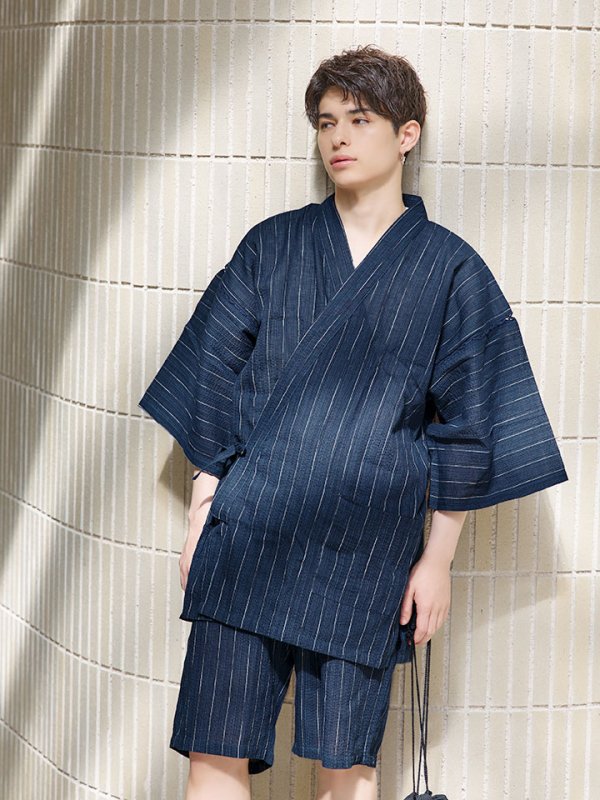 画像5: 【即日発送】【メンズ甚平】ネイビー地に白縞模様甚平  【甚平・下駄セット】[YMT]