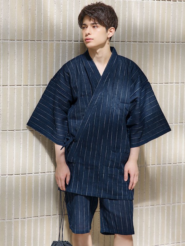 画像6: 【即日発送】【メンズ甚平】ネイビー地に白縞模様甚平  【甚平・下駄セット】[YMT]