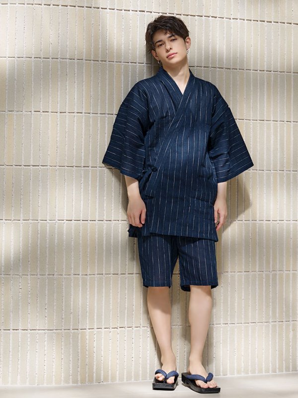 画像9: 【即日発送】【メンズ甚平】ネイビー地に白縞模様甚平  【甚平・下駄セット】[YMT]