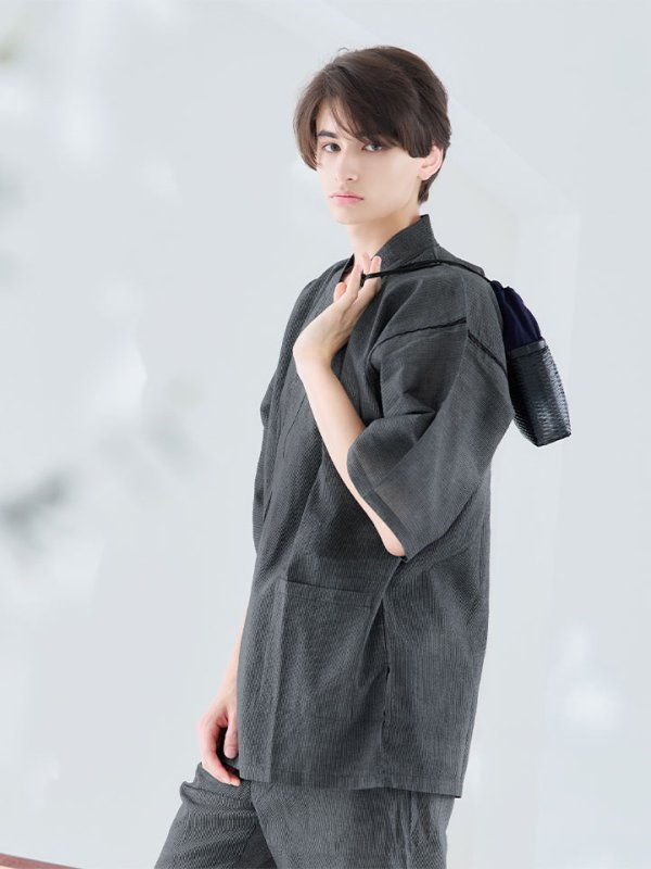 画像1: 【即日発送】【メンズ甚平】ダークグレー甚平【甚平・下駄セット】[YMT]