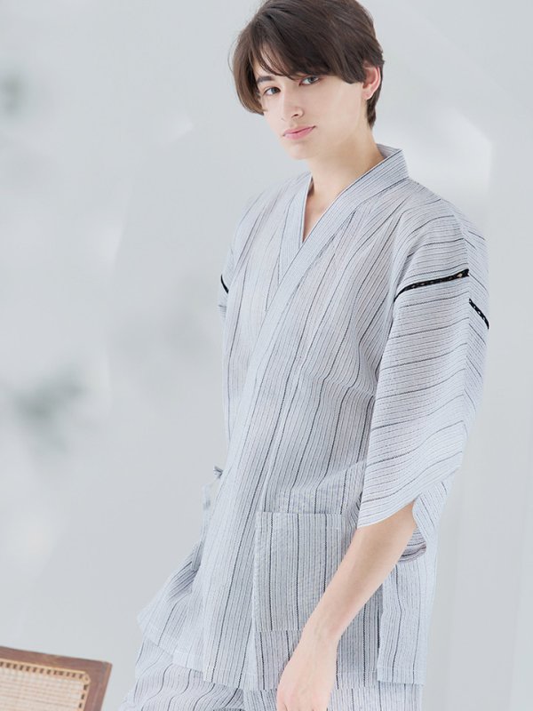 画像9: 【即日発送】【メンズ甚平】白地に黒縞模様甚平【甚平・下駄セット】[YMT]