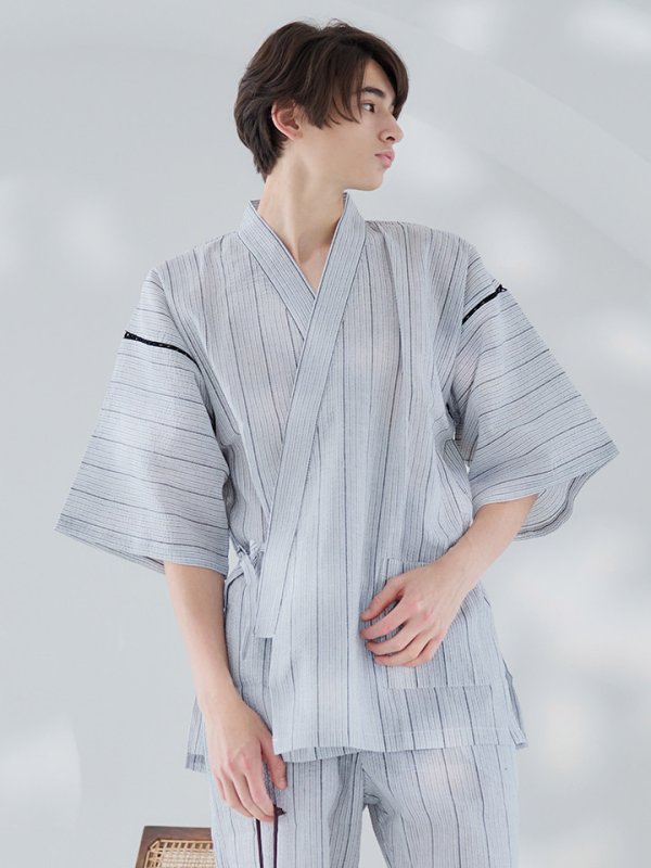 画像3: 【即日発送】【メンズ甚平】白地に黒縞模様甚平【甚平・下駄セット】[YMT]