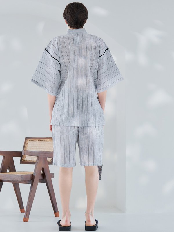 画像5: 【即日発送】【メンズ甚平】白地に黒縞模様甚平【甚平・下駄セット】[YMT]