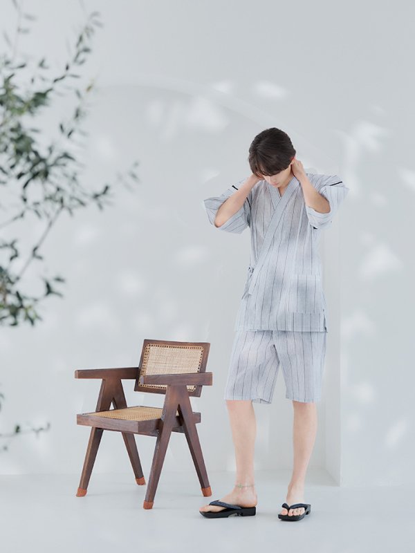 画像6: 【即日発送】【メンズ甚平】白地に黒縞模様甚平【甚平・下駄セット】[YMT]