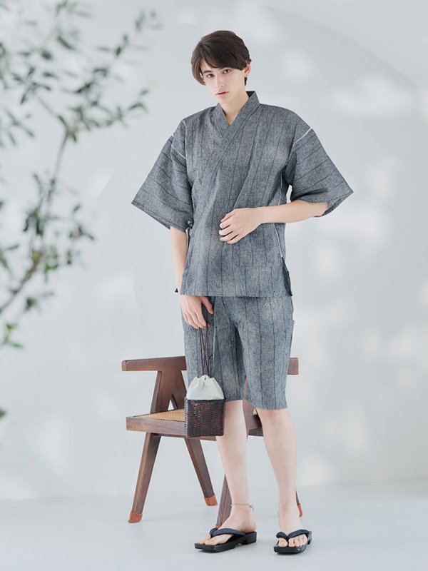 画像4: 【即日発送】【メンズ甚平】グレー地に縞模様甚平【甚平・下駄セット】【YMT】