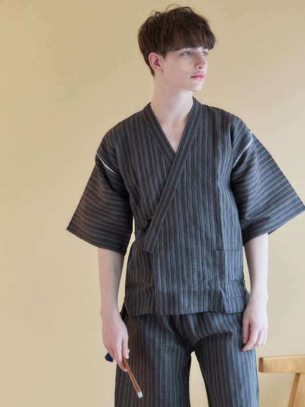 画像3: 【即日発送】【メンズ甚平】黒地にストライプのメンズ甚平【甚平・下駄セット】[YMT]