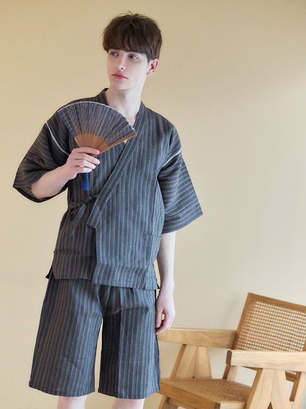 画像5: 【即日発送】【メンズ甚平】黒地にストライプのメンズ甚平【甚平・下駄セット】[YMT]