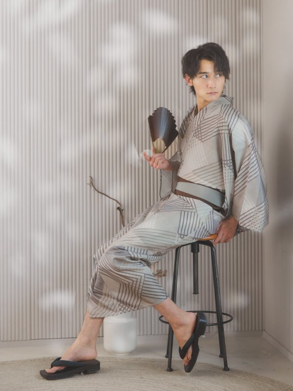 画像11: 【即日発送！】【メンズ浴衣】ベージュ幾何学的模様浴衣【浴衣３点セット 浴衣/帯/下駄】[YMT]