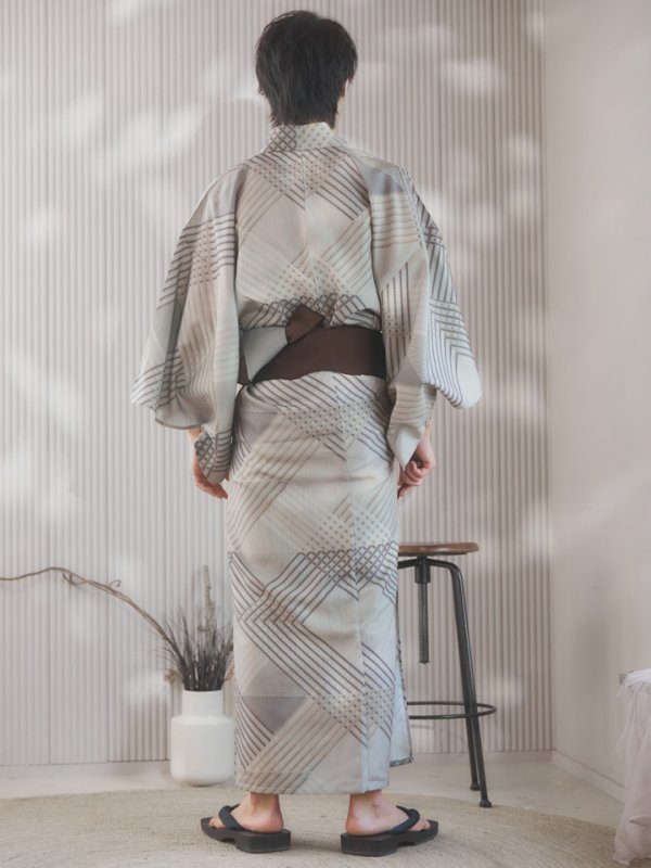 画像14: 【即日発送！】【メンズ浴衣】ベージュ幾何学的模様浴衣【浴衣３点セット 浴衣/帯/下駄】[YMT]