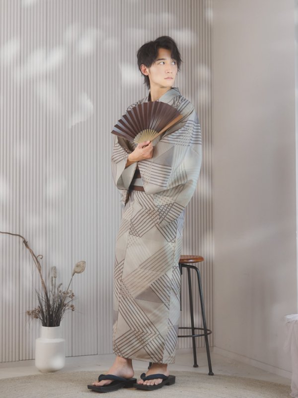 画像4: 【即日発送！】【メンズ浴衣】ベージュ幾何学的模様浴衣【浴衣３点セット 浴衣/帯/下駄】[YMT]
