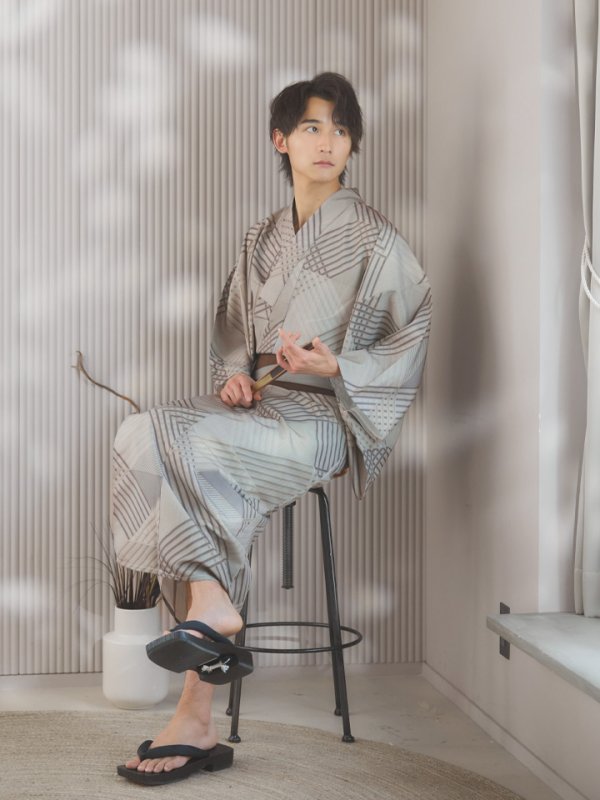 画像6: 【即日発送！】【メンズ浴衣】ベージュ幾何学的模様浴衣【浴衣３点セット 浴衣/帯/下駄】[YMT]