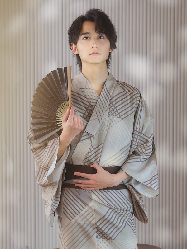 画像7: 【即日発送！】【メンズ浴衣】ベージュ幾何学的模様浴衣【浴衣３点セット 浴衣/帯/下駄】[YMT]