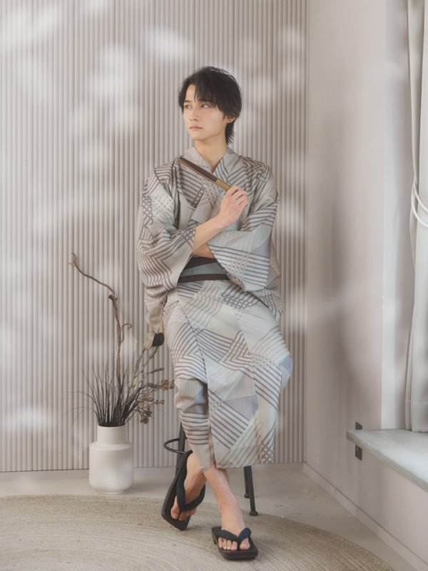 画像9: 【即日発送！】【メンズ浴衣】ベージュ幾何学的模様浴衣【浴衣３点セット 浴衣/帯/下駄】[YMT]