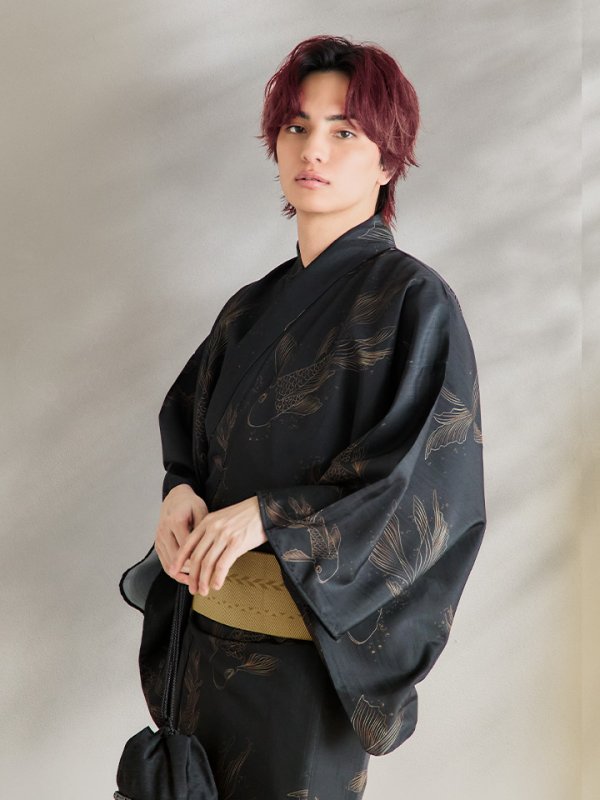 画像11: 【即日発送！】【メンズ浴衣】ブラック×シンプル金魚浴衣【浴衣３点セット 浴衣/帯/下駄】[YMT]