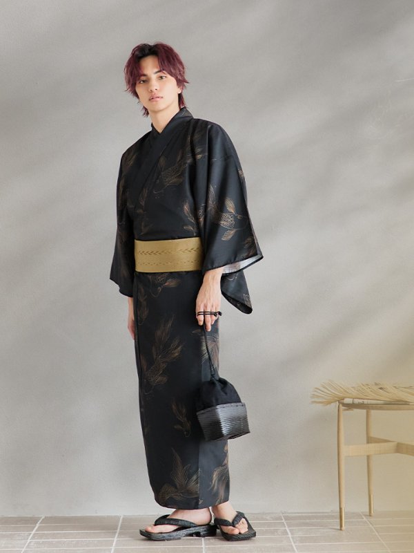 画像5: 【即日発送！】【メンズ浴衣】ブラック×シンプル金魚浴衣【浴衣３点セット 浴衣/帯/下駄】[YMT]