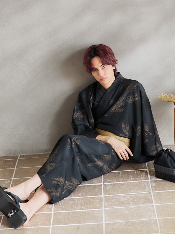 画像9: 【即日発送！】【メンズ浴衣】ブラック×シンプル金魚浴衣【浴衣３点セット 浴衣/帯/下駄】[YMT]