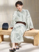 【即日発送！】【メンズ浴衣】カーキグリーン幾何学的模様浴衣【浴衣・帯・下駄セット】 OBI-MS-002-wk-4-WR [YMT]