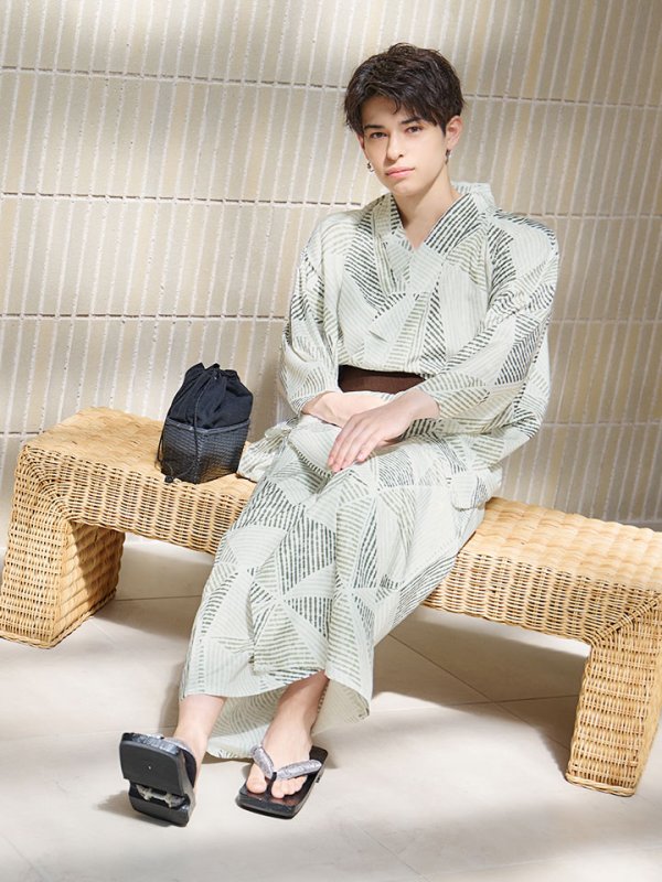 画像13: 【即日発送！】【メンズ浴衣】カーキグリーン幾何学的模様浴衣【浴衣３点セット 浴衣/帯/下駄】[YMT]