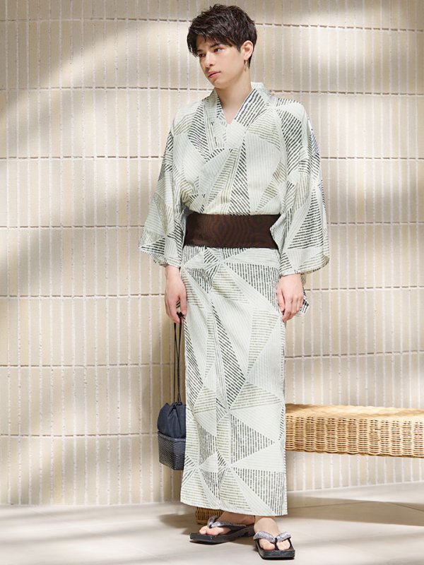 画像3: 【即日発送！】【メンズ浴衣】カーキグリーン幾何学的模様浴衣【浴衣３点セット 浴衣/帯/下駄】[YMT]