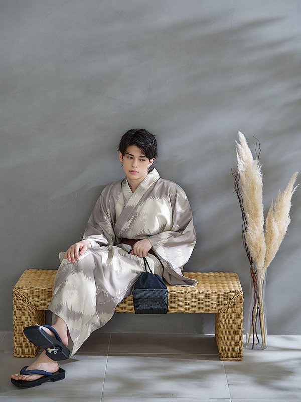 画像11: 【即日発送！】【メンズ浴衣】グレージュモザイク柄浴衣【浴衣３点セット 浴衣/帯/下駄】[YMT]