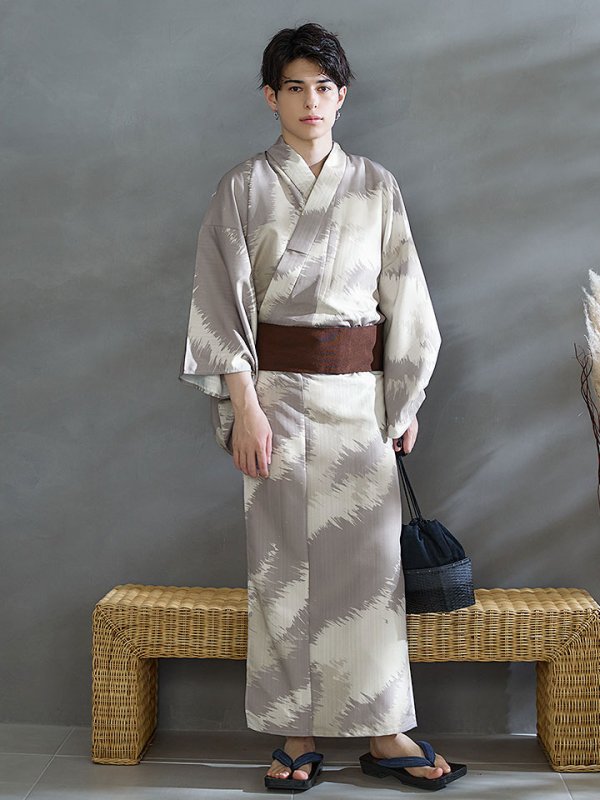 画像13: 【即日発送！】【メンズ浴衣】グレージュモザイク柄浴衣【浴衣３点セット 浴衣/帯/下駄】[YMT]