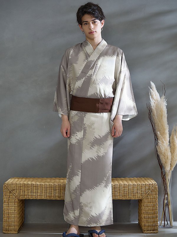 画像4: 【即日発送！】【メンズ浴衣】グレージュモザイク柄浴衣【浴衣３点セット 浴衣/帯/下駄】[YMT]