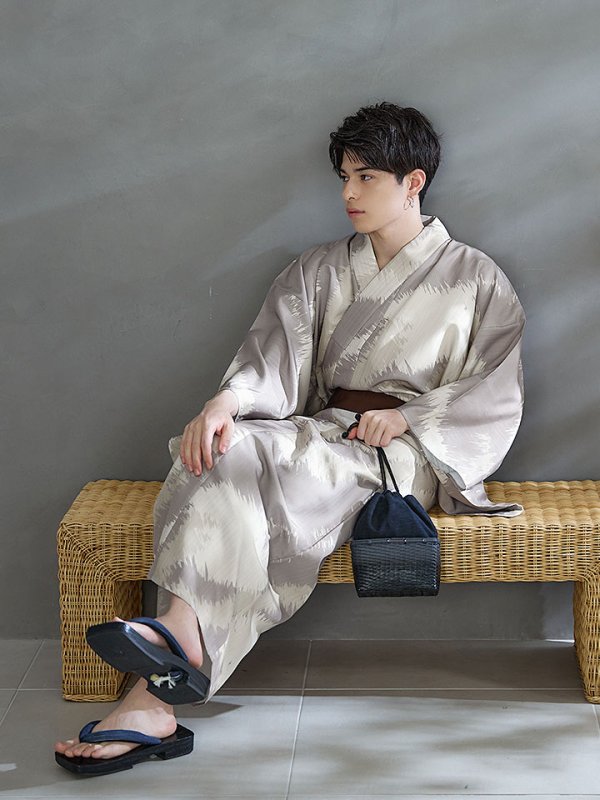 画像9: 【即日発送！】【メンズ浴衣】グレージュモザイク柄浴衣【浴衣３点セット 浴衣/帯/下駄】[YMT]