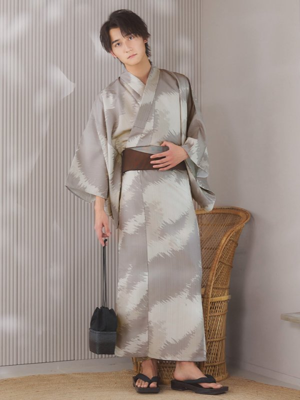 画像4: 【即日発送！】【メンズ浴衣】グレージュモザイク柄浴衣【浴衣３点セット 浴衣/帯/下駄】[YMT]