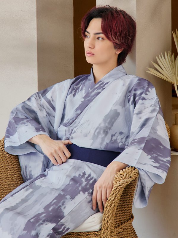 画像10: 【即日発送！】【メンズ浴衣】くすみブルーグレーモザイク柄浴衣【浴衣３点セット 浴衣/帯/下駄】[YMT]