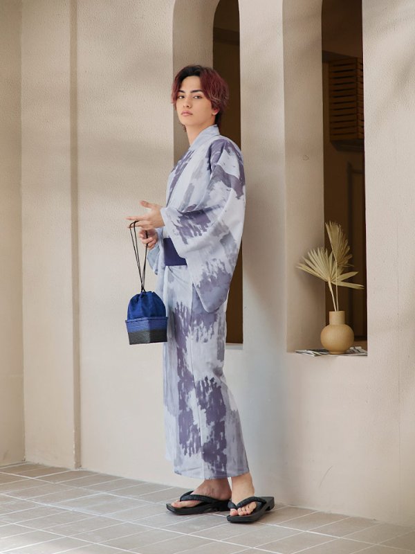 画像11: 【即日発送！】【メンズ浴衣】くすみブルーグレーモザイク柄浴衣【浴衣３点セット 浴衣/帯/下駄】[YMT]