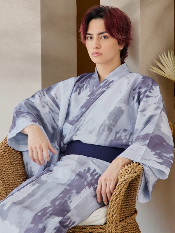 画像13: 【即日発送！】【メンズ浴衣】くすみブルーグレーモザイク柄浴衣【浴衣３点セット 浴衣/帯/下駄】[YMT]