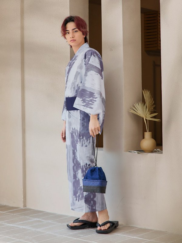 画像3: 【即日発送！】【メンズ浴衣】くすみブルーグレーモザイク柄浴衣【浴衣３点セット 浴衣/帯/下駄】[YMT]